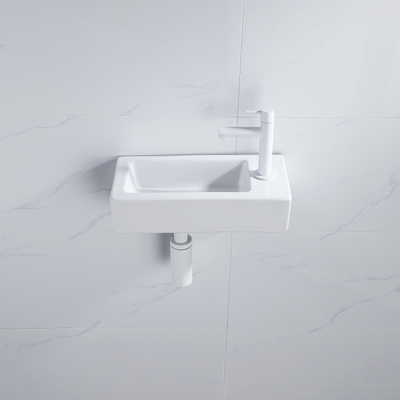 QeramiQ Fuente Fonteinset - 37.5x18.5x9cm - keramiek - kraangat rechts - fonteinkraan mat wit - afvoerplug - verlaagd sifon - Glans wit