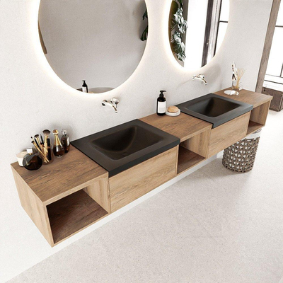 Mondiaz BUKLA Badkamermeubelset - 240x45x34cm - 0 kraangaten - 2 wasbakken solid surface - Urban - greeploos - 2 lades - Melamine - Washed Oak