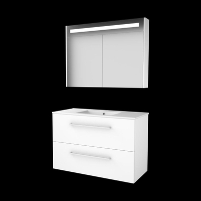 Basic-Line Premium 46 badkamermeubelset - 100x46cm - met grepen - 2 lades - porseleinen wastafel - 1 kraangat - Spiegelkast - geintegreerde LED verlichting - MDF lak Ice White