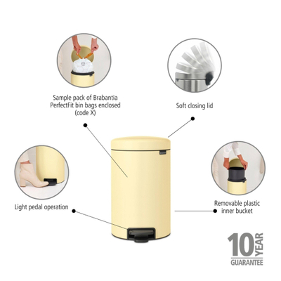 Brabantia NewIcon Pedaalemmer - 12 liter - kunststof binnenemmer - mellow yellow