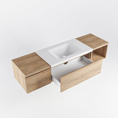 MONDIAZ BUKLA 160cm badmeubel met open module 40 rechts kleur Washed Oak met 2 lades. Wastafel CLOUD midden 1 kraangat kleur Talc.