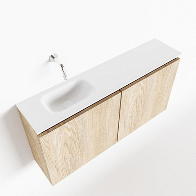 MONDIAZ TURE Fonteinset - 100x23x50cm - 0 kraangaten - 2 deuren - washed oak mat - Wasbak links - Solid Surface Wit