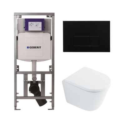 QeramiQ Dely Toiletset - 36.3x51.7cm - diepspoel - rimless - Geberit UP320 Burda inbouwreservoir - softclose toilet zitting 35 mm - kunstof mat zwarte bedieningsplaat - rechthoekige knoppen - wit glans