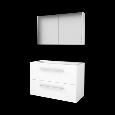 Basic-Line Comfort 46 badkamermeubelset - 100x46cm - met grepen - 2 lades - acryl wastafel - 1 kraangat - Spiegelkast - MDF lak Ice White