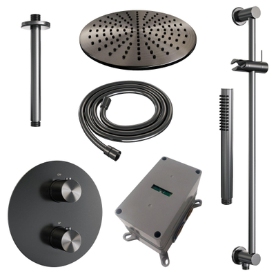 BRAUER Gunmetal Edition thermostatische Inbouw Regendouche - 3-weg - rond - set 90 - 30cm hoofddouche - plafondarm - staaf handdouche - doucheslang - geïntegreerde glijstang - gunmetal geborsteld PVD