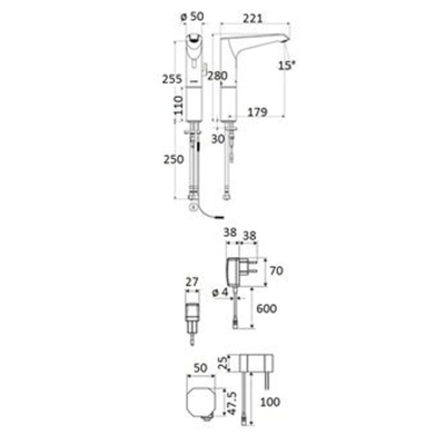 Schell Xeris E HD M elektronische wastafelkraan large v. gemengd water met stekker trafo 220V met infrarood sensor chroom