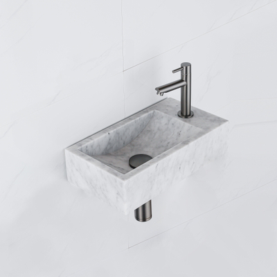 Fortifura Fuente fonteinset - 40x22 - 1 kraangat - rechts - marmer - fonteinkraan gunmetal - wit