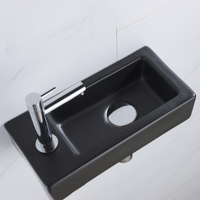 QeramiQ Fuente Fonteinset - 37.5x18.5x9cm - keramiek - kraangat links - fonteinkraan chroom - afvoerplug - verlaagd sifon - Mat Zwart