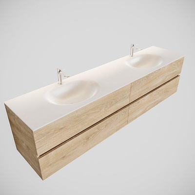 MONDIAZ VICA Badkamermeubelset - 200cm - 4 lades - wasbak Moon dubbel - 2 kraangaten - solid surface washed oak