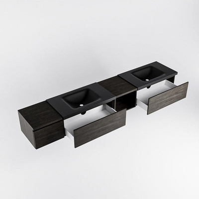 MONDIAZ BUKLA 240cm badmeubel met open module 40 rechts kleur Dark Brown met 3 lades. Wastafel CLOUD dubbel 2 kraangaten kleur Urban.