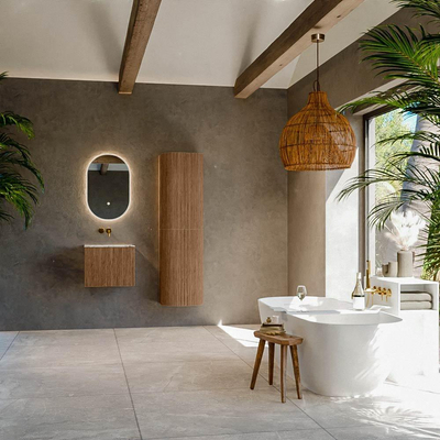 MONDIAZ KURVE-DLUX 50cm badmeubel kleur Walnut met 1 lade. Wastafel GRUNNE midden zonder kraangat kleur Glace.