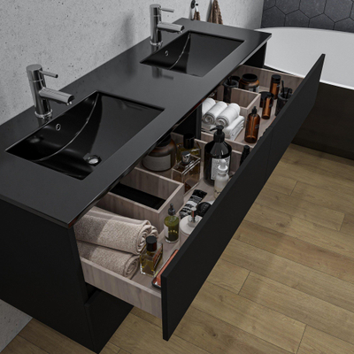 Adema Chaci Badkameronderkast - 140cm - 4 lades - greeploos - zwart keramieke wastafel - overloop - 2 wasbakken - 2 kraangaten - mat zwart