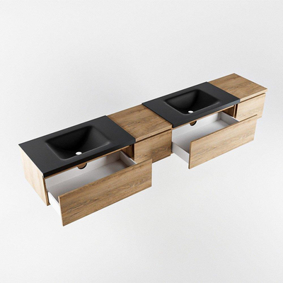 MONDIAZ BUKLA 240cm badmeubel met module 40 links kleur Washed Oak met 4 lades. Wastafel CLOUD dubbel 0 kraangaten kleur Urban.