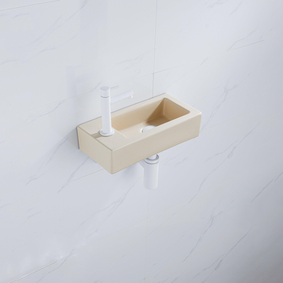 QeramiQ Fuente Fonteinset - 37.5x18.5x9cm - keramiek - kraangat links - fonteinkraan mat wit - afvoerplug - verlaagd sifon - Mat Beige