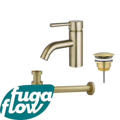 FugaFlow Eccelente Sobrado Badkamer Wastafelkraanset - lage wastafelkraan - always open plug - verlaagde design sifon - PVD Geborsteld Messing