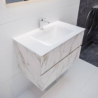 MONDIAZ VICA Badkamermeubelset - 80cm - 2 lades - wasbak Cloud midden - 1 kraangat - solid surface carrara marmer