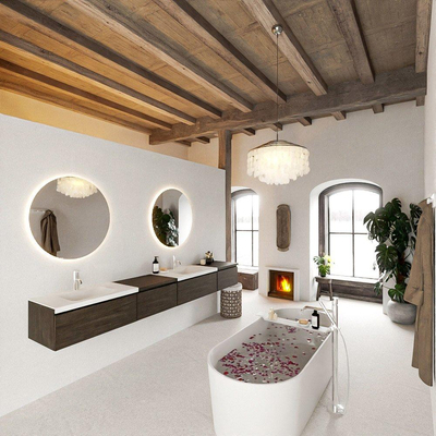 MONDIAZ BUKLA 280cm badmeubel met module 60 links kleur Dark Brown met 4 lades. Wastafel CLOUD dubbel 2 kraangaten kleur Talc.