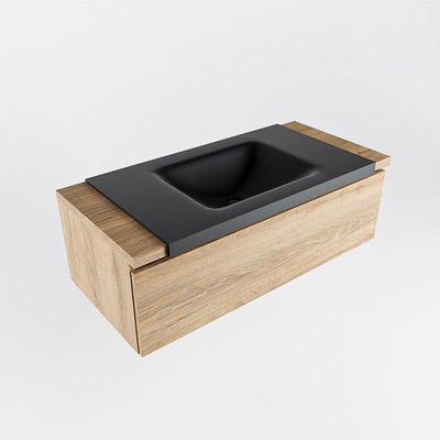 Mondiaz BUKLA Badkamermeubelset - 100x45x34cm - 0 kraangaten - wasbak midden - solid surface - Urban - greeploos - 1 lade - Melamine - Washed Oak