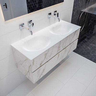 MONDIAZ VICA Badkamermeubelset - 120cm - 4 lades - wasbak Moon dubbel - 0 kraangaten - solid surface carrara marmer