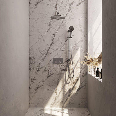 BRAUER Brushed Carving Thermostatische Regendouche inbouw - drukknoppen - SET 68 - 30cm hoofddouche - rechte muurarm - 3 standen handdouche - doucheslang - geïntegreerde glijstang - RVS geborsteld PVD