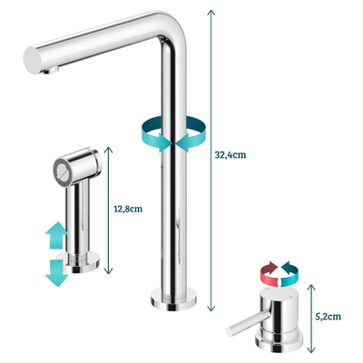Hotbath Fellow keukenmengkraan driegats met draaibare uitloop en uitneembare handdouche chroom