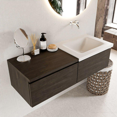 MONDIAZ BUKLA 120cm badmeubel met module 60 kleur Dark Brown met 2 lades. Wastafel CLOUD rechts 0 kraangaten kleur Talc.
