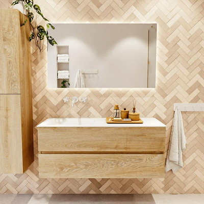 MONDIAZ VICA 120cm badmeubel onderkast Washed Oak 2 lades. Wastafel CLOUD links zonder kraangat, kleur Talc.