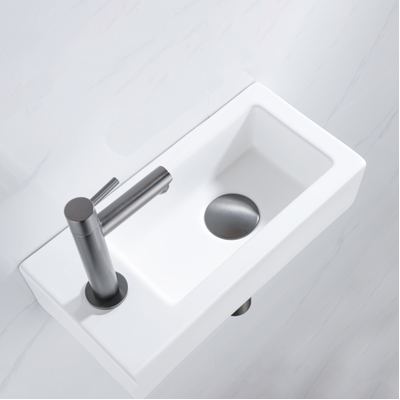 QeramiQ Fuente Fonteinset - 37.5x18.5x9cm - keramiek - kraangat links - fonteinkraan gunmetal - afvoerplug - verlaagd sifon - Mat wit