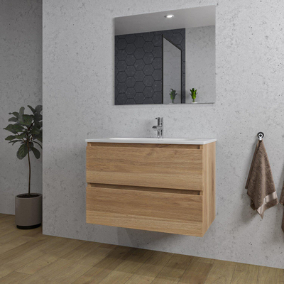 Adema Chaci Badkamermeubelset - 80x45x57cm - 1 ovale keramische wasbak wit - 1 kraangat - 2 lades - rechthoekige spiegel - eiken