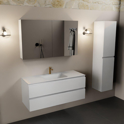 Mondiaz Aivy badmeubelset - 120x45x50cm - 1 kraangat - 1 wasbak talc Solid surface - Midden - 2 lades - Met spiegelkast - MDF Talc