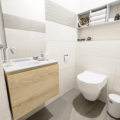 MONDIAZ OLAN Fonteinset - 60x30x40cm - 1 kraangat - 1 lade - washed oak mat - wasbak links - Solid Surface Wit