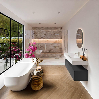 MONDIAZ ALAN Badmeubelset - 100cm - onderkast Dark Grey - 1 lade - Vrijhangende wastafel CLOUD - midden - 1 kraangat - Talc