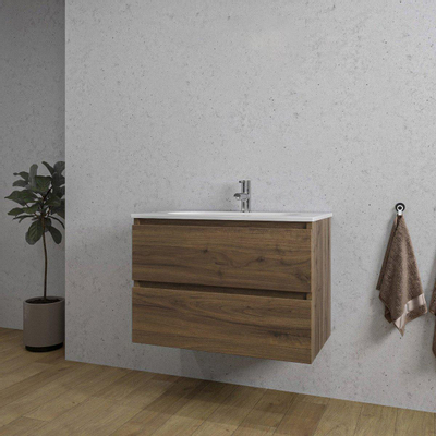 Adema Chaci Badkamermeubelset - 80x46x57cm - 1 ovale keramische wasbak wit - 1 kraangat - 2 lades - noten (hout)