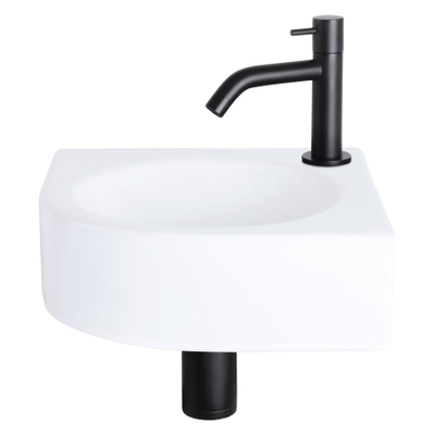 Differnz Cleo fonteinset - 30x30x10cm - Kwartrond - 1 kraangat - Gebogen matte zwarte kraan - Keramiek Wit
