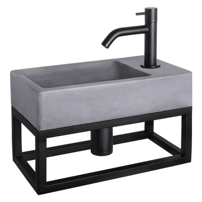 Differnz Force fonteinset - 40x22x8cm - Rechthoek - 1 kraangat - Gebogen matte zwarte kraan - met zwart frame - Beton Grijs