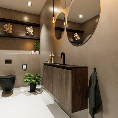 MONDIAZ TURE Fonteinset - 120x23x50cm - 1 kraangat - 2 deuren - dark brown mat - Wasbak midden - Solid Surface Zwart