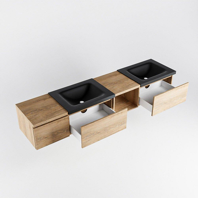 MONDIAZ BUKLA 200cm badmeubel met open module 40 rechts kleur Washed Oak met 3 lades. Wastafel CLOUD dubbel 0 kraangaten kleur Urban.