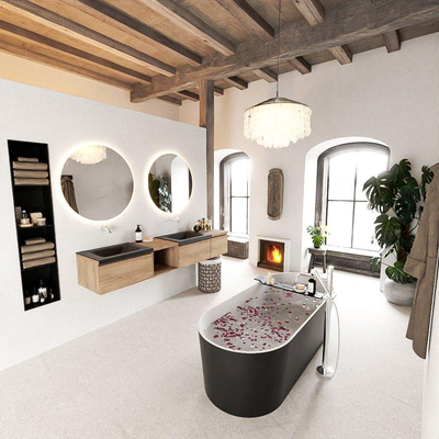 MONDIAZ BUKLA 200cm badmeubel met open module 40 links kleur Washed Oak met 3 lades. Wastafel CLOUD dubbel 0 kraangaten kleur Urban.