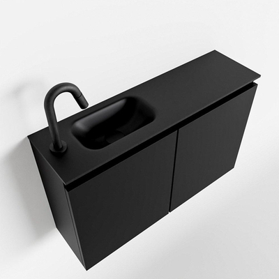 MONDIAZ TURE Fonteinset - 80x23x50cm - 1 kraangat - 2 deuren - urban mat - Wasbak links - Solid Surface Zwart