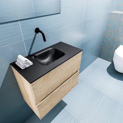 MONDIAZ ADA Toiletmeubel - 60x30x50cm - 0 kraangaten - 2 lades - washed oak mat - wasbak midden - Solid surface - Zwart