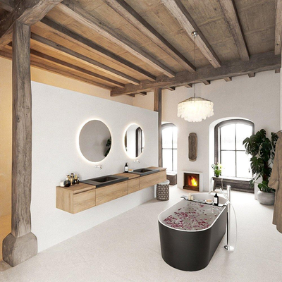 MONDIAZ BUKLA 280cm badmeubel met module 40 kleur Washed Oak met 5 lades. Wastafel CLOUD dubbel 0 kraangaten kleur Urban.