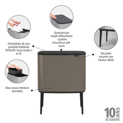 Brabantia Bo Touch Bin Afvalemmer - 11+23 liter - 2 kunststof binnenemmers - platinum