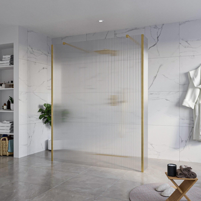 FugaFlow Eccelente Vetro Vrijstaande inloopdouche badkamer - 160x200cm - Helder geribbeld - antikalk - 8mm veiligheidsglas - 2 zijwanden 40cm - met wandarmen en hoekprofielen - Messing geborsteld (goud) -