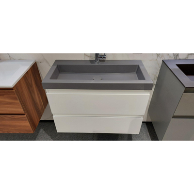 INK Wastafelonderkast 80x40x52cm 2 lades wit mat met INK Dock wastafel 1 kraangat en afvoerplug Quartz grijs SHOWROOMMODEL