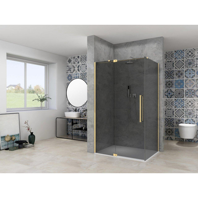 Van Rijn Products ST08 Vaste wand 985-1005 x 2000mm 8 mm Grijs rookglas incl. Glasbehandeling Mat Messing muurprofiel