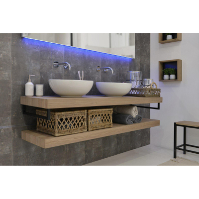 Looox Wood collection Duo wandplanken 200x46cm - 2 stuks - Met handdoekhouders zwart mat - massief eiken Old grey