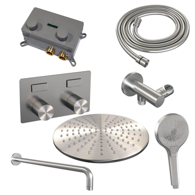 BRAUER Brushed Carving Thermostatische Regendouche inbouw - drukknoppen - SET 58 - 30cm hoofddouche - gebogen muurarm - 3 standen handdouche - doucheslang - wandaansluitbocht - RVS geborsteld PVD