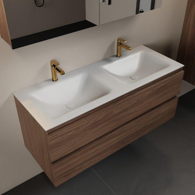 Mondiaz Aivy badmeubelset - 120x45x50cm - 2 kraangaten - 2 wasbakken talc Solid surface - Links en rechts - 2 lades - Met spiegelkast - Melamine Mocha