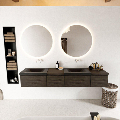 MONDIAZ BUKLA 200cm badmeubel met module 40 links kleur Dark Brown met 4 lades. Wastafel CLOUD dubbel 0 kraangaten kleur Urban.