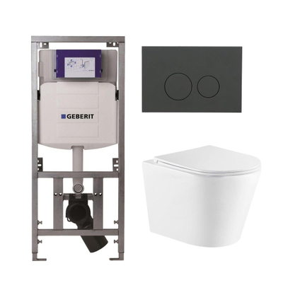QeramiQ Dely Toiletset - 36.3x51.7cm - diepspoel - rimless - Geberit UP320 Burda inbouwreservoir - softclose toiletzitting - bedieningsplaat mat antraciet - ronde knoppen - wit glans
